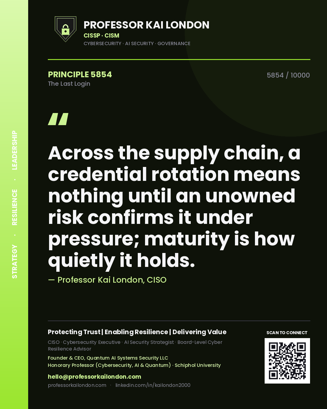 Professor Kai London principle 5854: Across the supply chain, a credential rotation means nothing until an unowned risk confirms it under pressure; maturity is how quietly it holds.