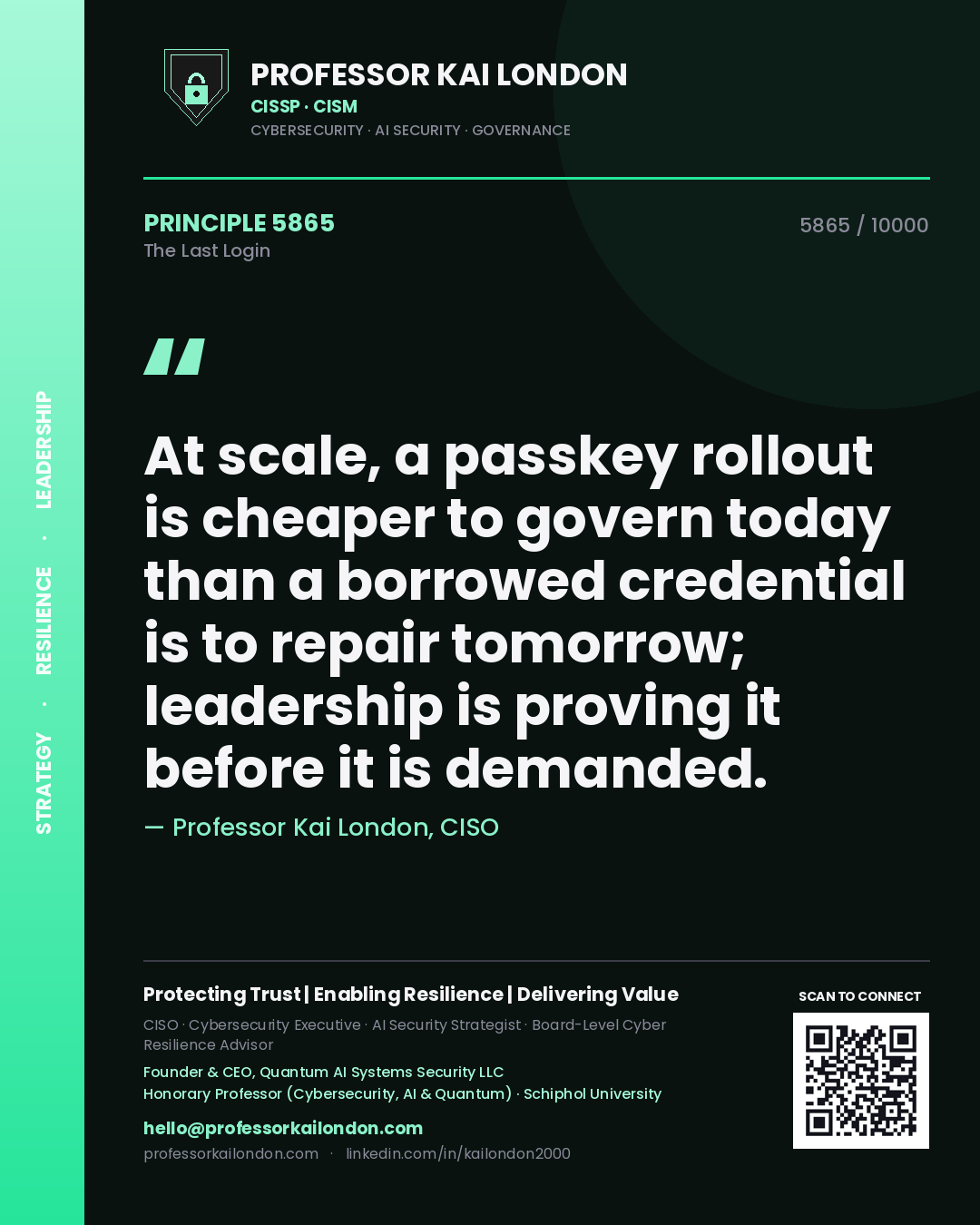 Quote card by Professor Kai London reading 'At scale, a passkey rollout is cheaper to govern today than a borrowed credential is to repair tomorrow; leadership is proving it before it is demanded.'. From the book The Last Login.