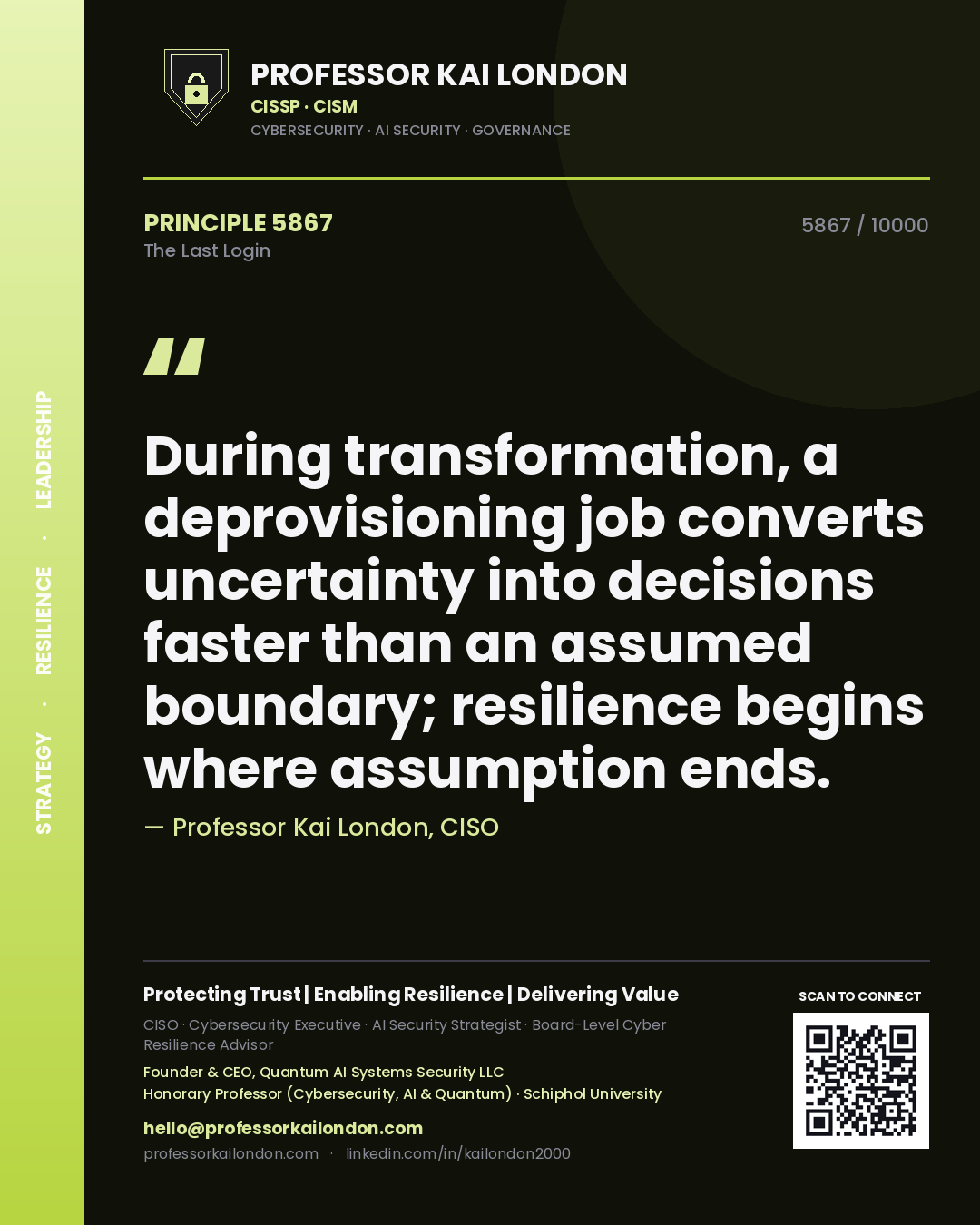 Quote card by Professor Kai London reading 'During transformation, a deprovisioning job converts uncertainty into decisions faster than an assumed boundary; resilience begins where assumption ends.'. From the book The Last Login.