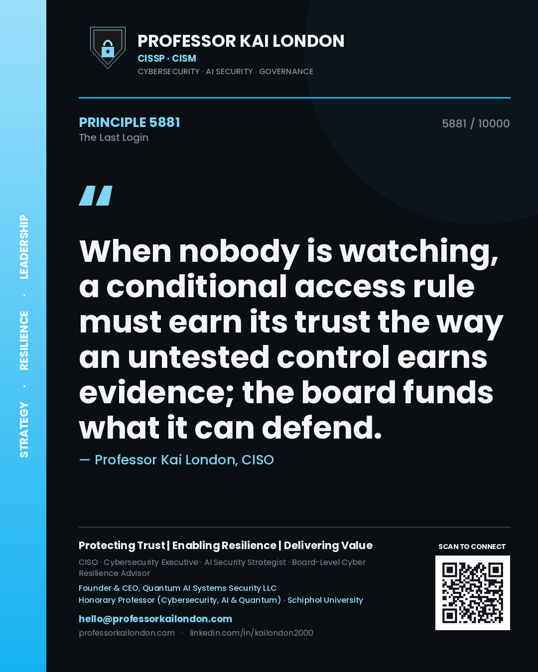 Quote card by Professor Kai London reading 'When nobody is watching, a conditional access rule must earn its trust the way an untested control earns evidence; the board funds what it can defend.'. From the book The Last Login.