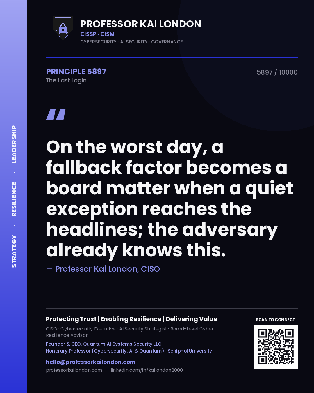 Quote card by Professor Kai London reading 'On the worst day, a fallback factor becomes a board matter when a quiet exception reaches the headlines; the adversary already knows this.'. From the book The Last Login.