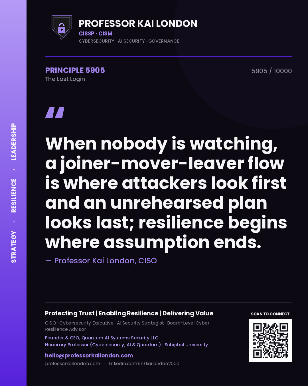 Professor Kai London principle 5905: When nobody is watching, a joiner-mover-leaver flow is where attackers look first and an unrehearsed plan looks last; resilience begins where assumption ends.