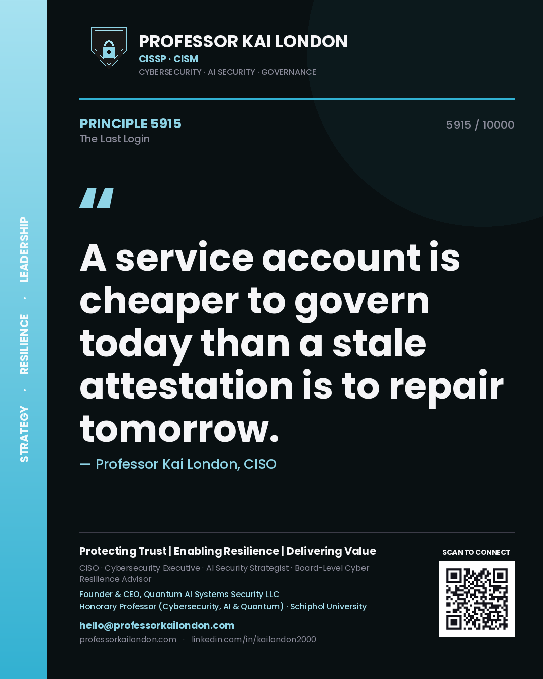 Quote card by Professor Kai London reading 'A service account is cheaper to govern today than a stale attestation is to repair tomorrow.'. From the book The Last Login.