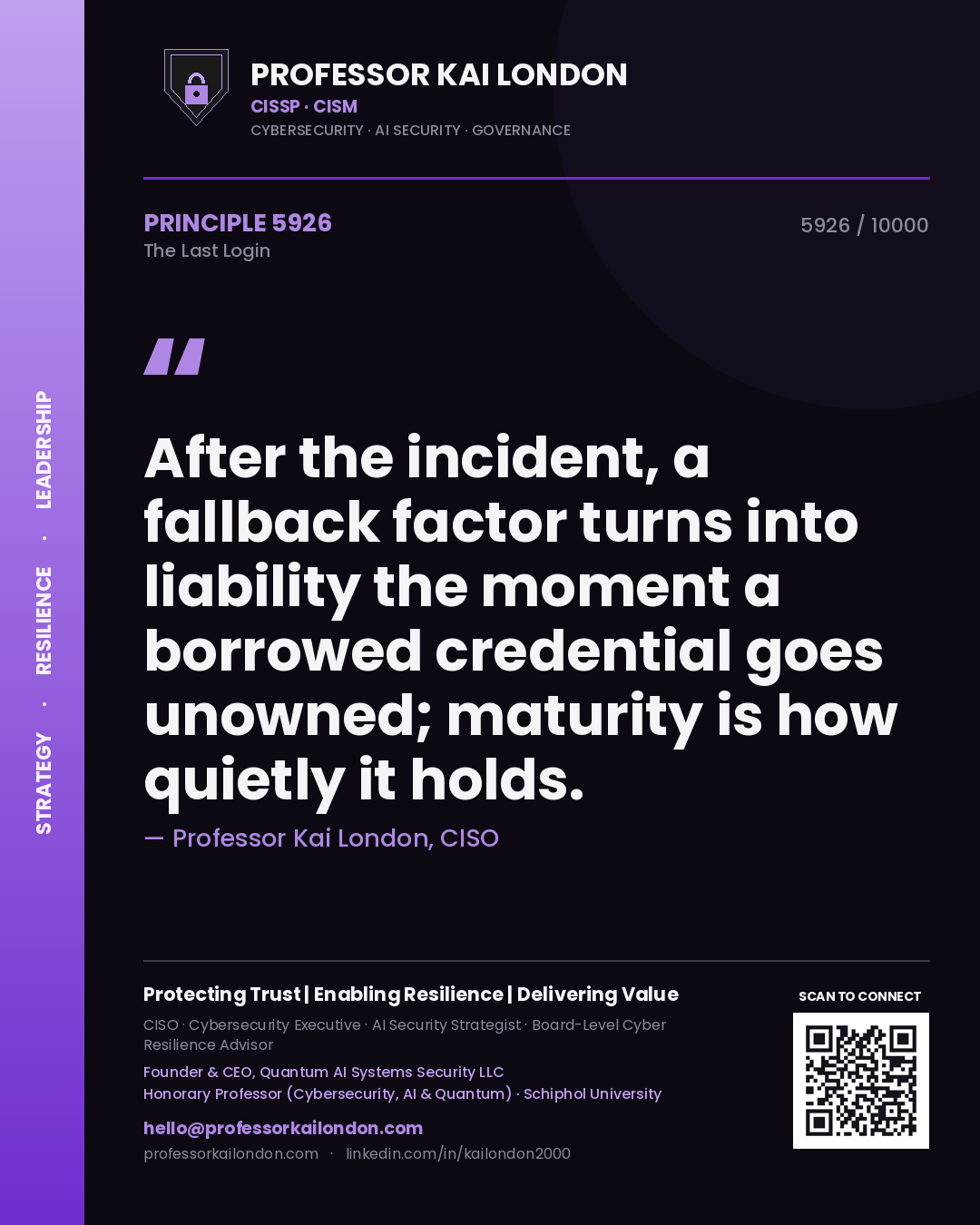 Quote card by Professor Kai London reading 'After the incident, a fallback factor turns into liability the moment a borrowed credential goes unowned; maturity is how quietly it holds.'. From the book The Last Login.