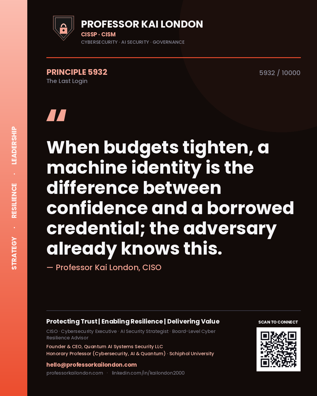 Quote card by Professor Kai London reading 'When budgets tighten, a machine identity is the difference between confidence and a borrowed credential; the adversary already knows this.'. From the book The Last Login.