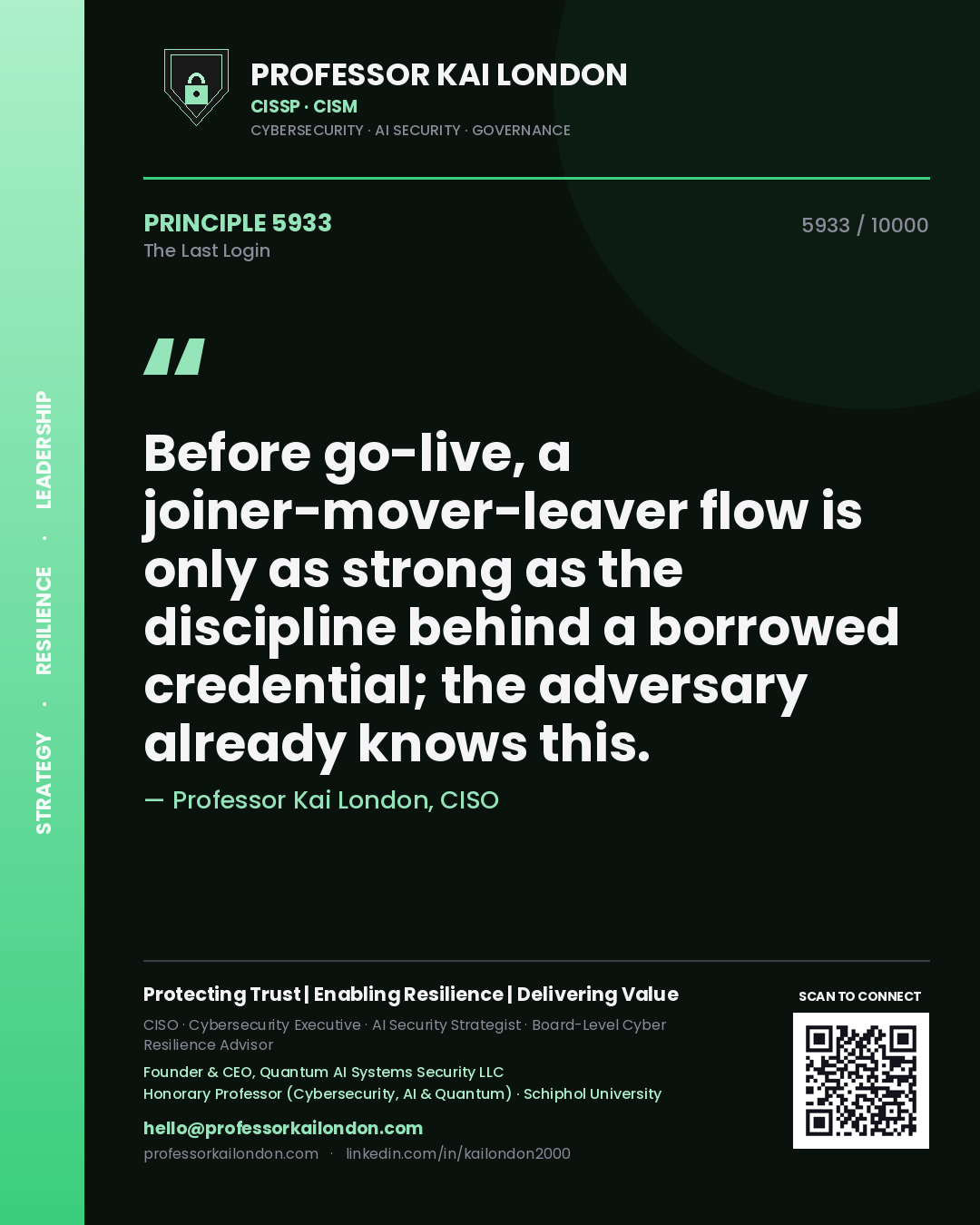 Professor Kai London principle 5933: Before go-live, a joiner-mover-leaver flow is only as strong as the discipline behind a borrowed credential; the adversary already knows this.