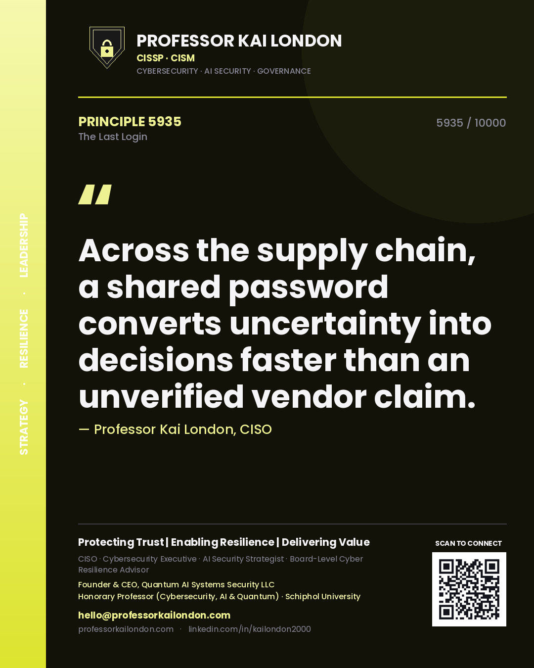 Professor Kai London principle 5935: Across the supply chain, a shared password converts uncertainty into decisions faster than an unverified vendor claim.