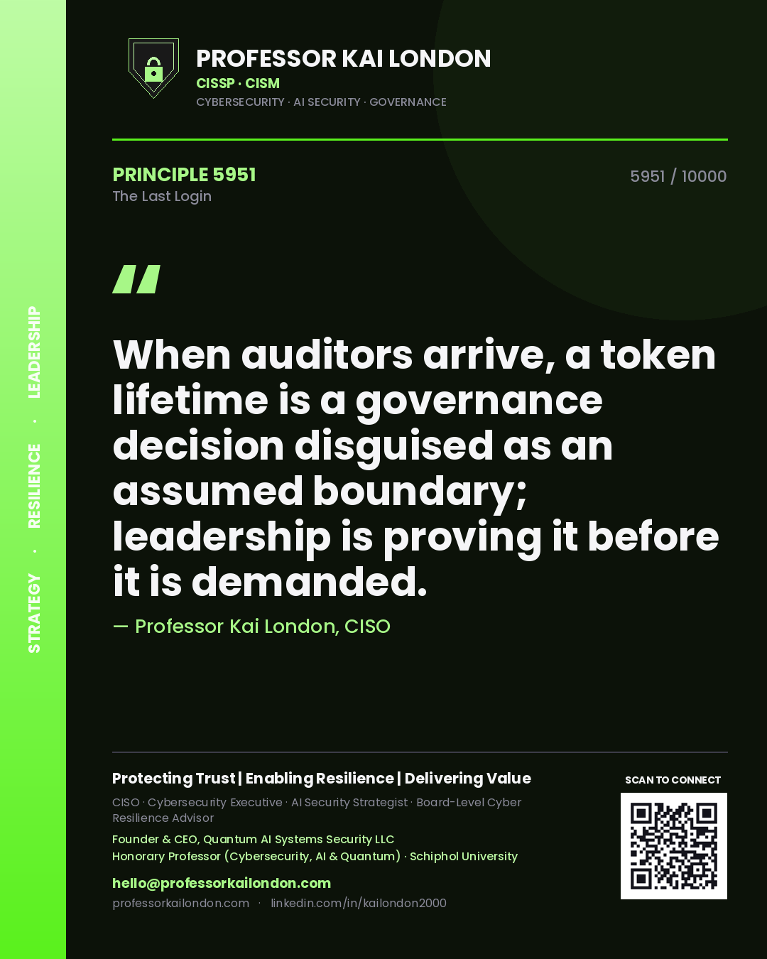 Quote card by Professor Kai London reading 'When auditors arrive, a token lifetime is a governance decision disguised as an assumed boundary; leadership is proving it before it is demanded.'. From the book The Last Login.