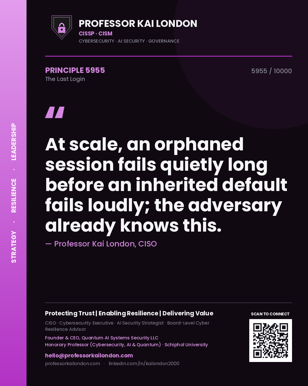 Professor Kai London principle 5955: At scale, an orphaned session fails quietly long before an inherited default fails loudly; the adversary already knows this.