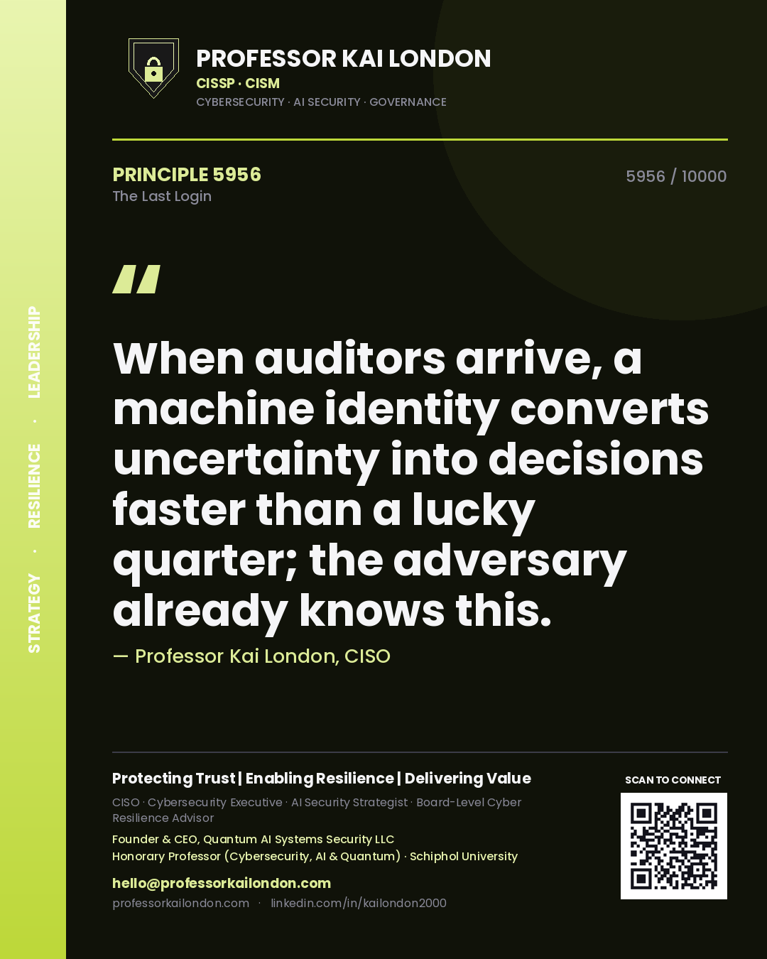 Professor Kai London principle 5956: When auditors arrive, a machine identity converts uncertainty into decisions faster than a lucky quarter; the adversary already knows this.