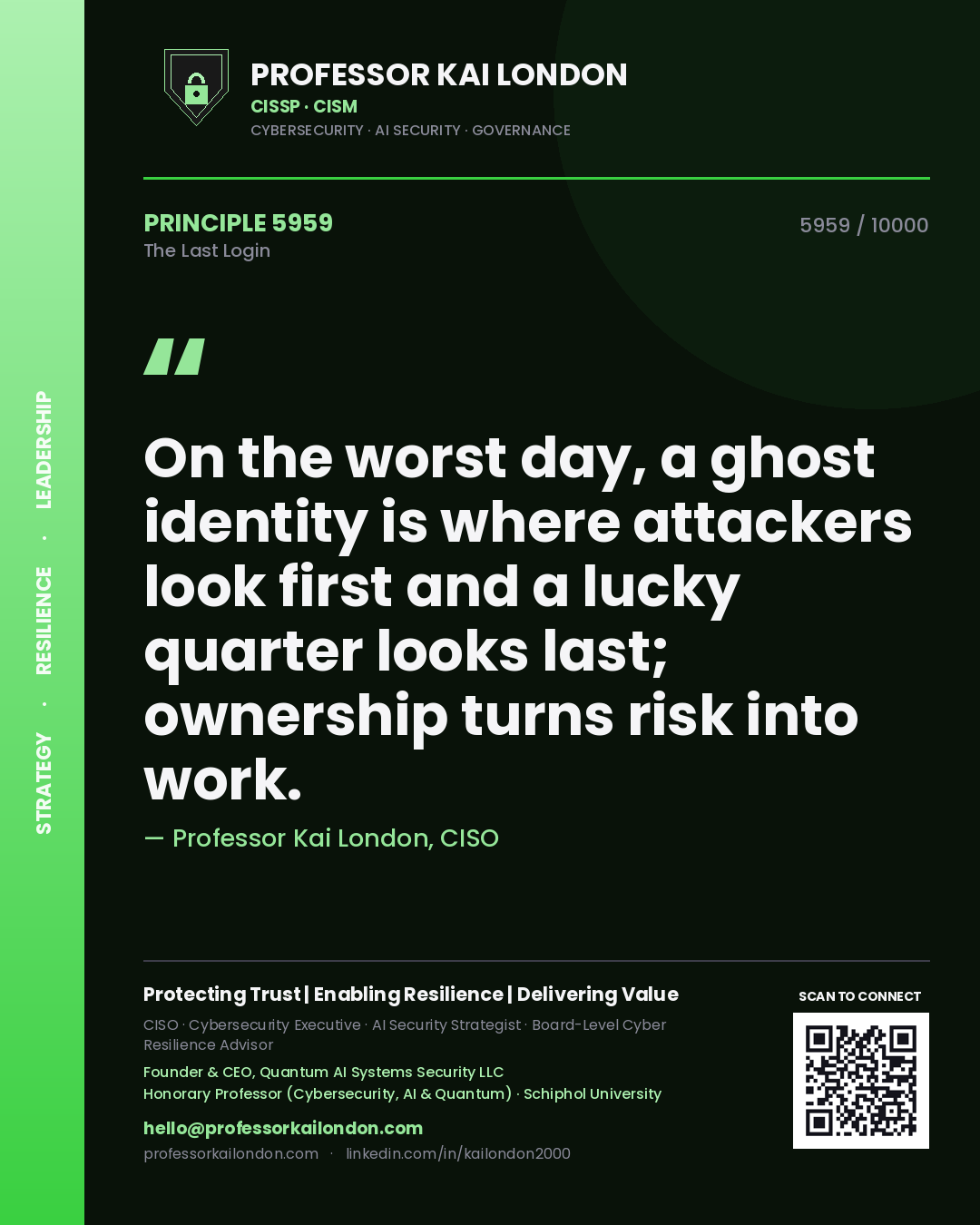 Professor Kai London principle 5959: On the worst day, a ghost identity is where attackers look first and a lucky quarter looks last; ownership turns risk into work.