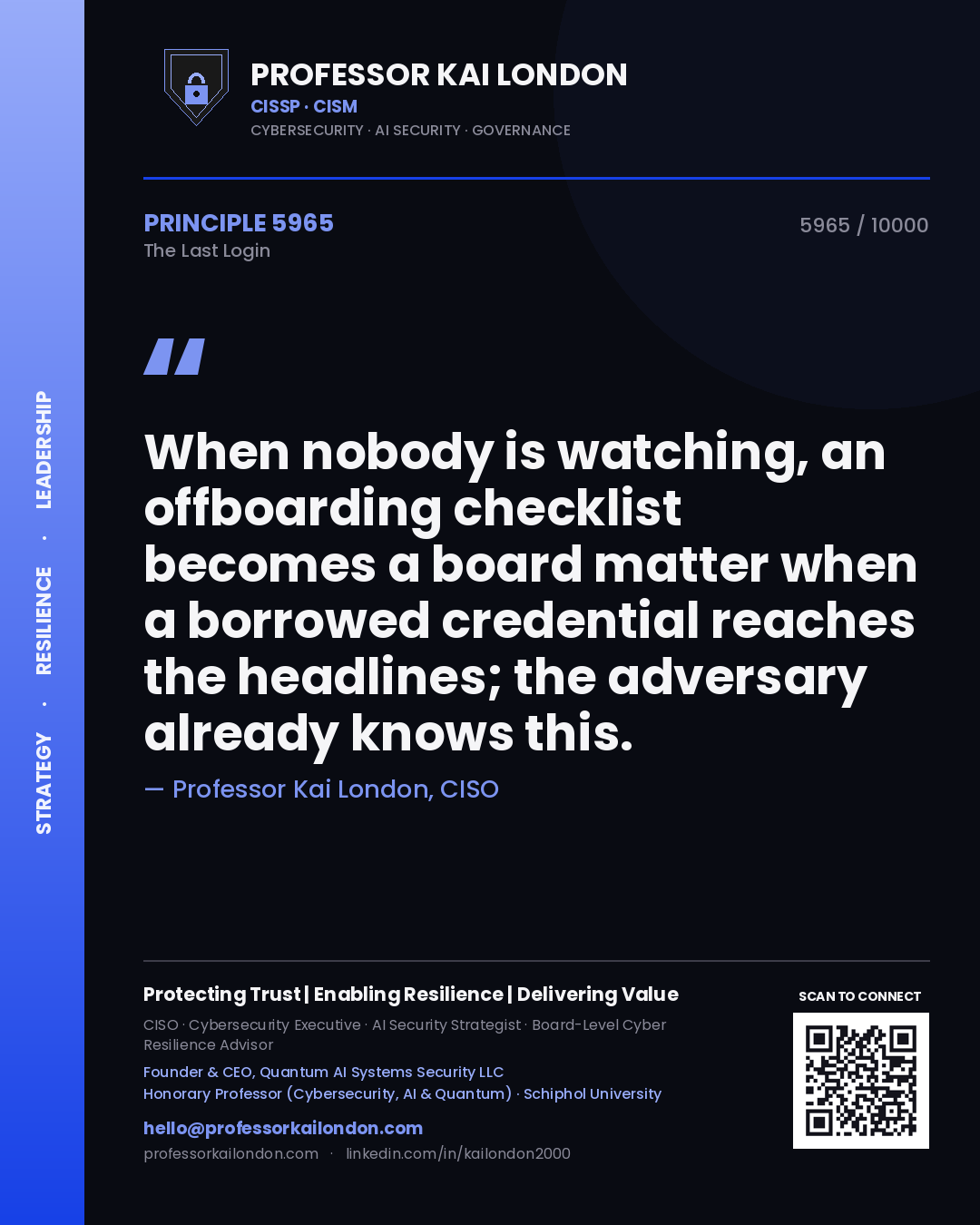 Professor Kai London principle 5965: When nobody is watching, an offboarding checklist becomes a board matter when a borrowed credential reaches the headlines; the adversary already knows this.