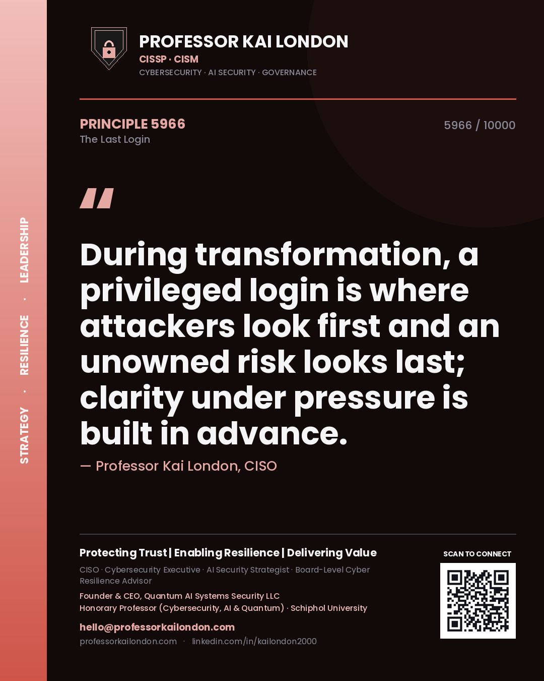 Quote card by Professor Kai London reading 'During transformation, a privileged login is where attackers look first and an unowned risk looks last; clarity under pressure is built in advance.'. From the book The Last Login.