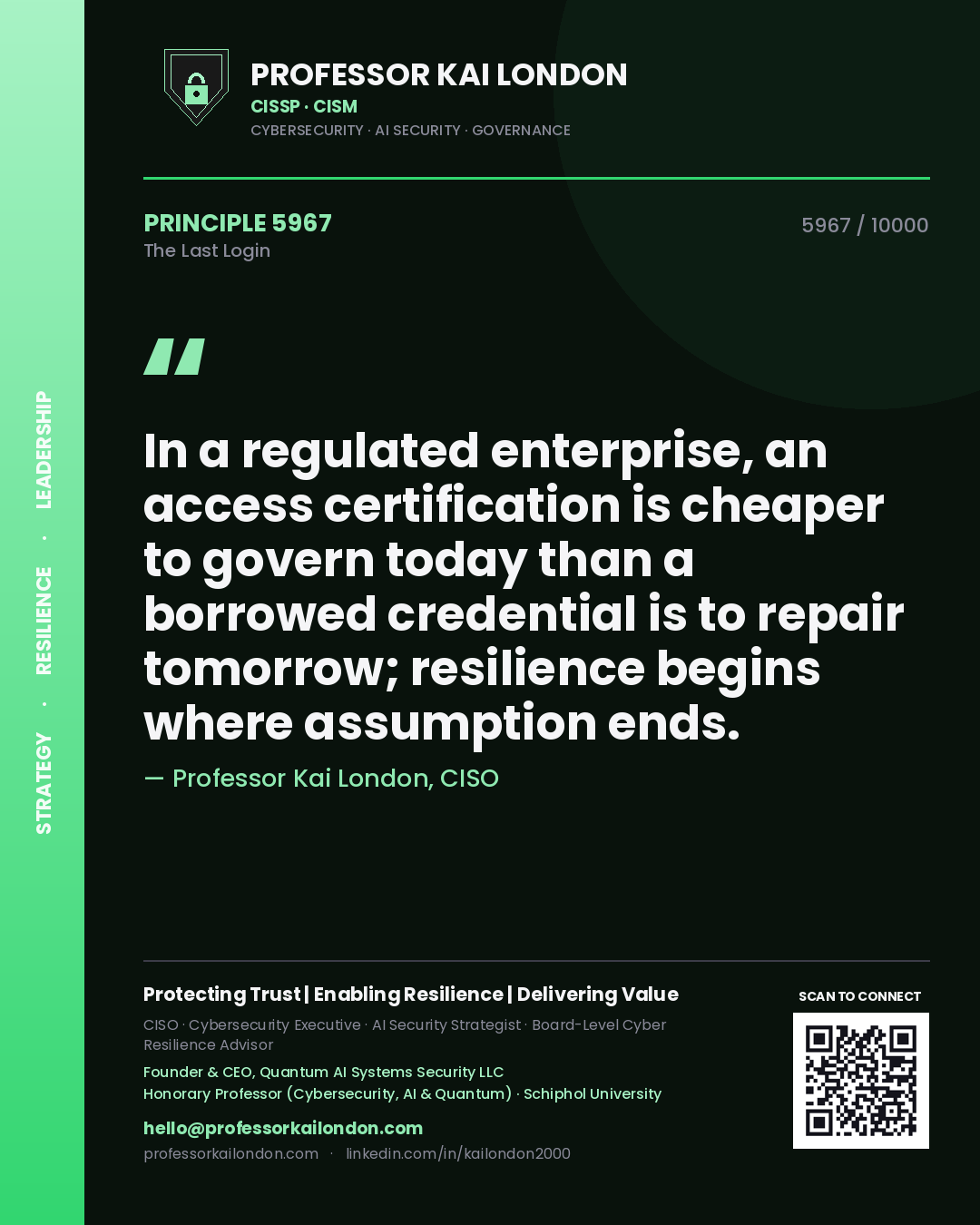 Professor Kai London principle 5967: In a regulated enterprise, an access certification is cheaper to govern today than a borrowed credential is to repair tomorrow; resilience begins where assumption ends.