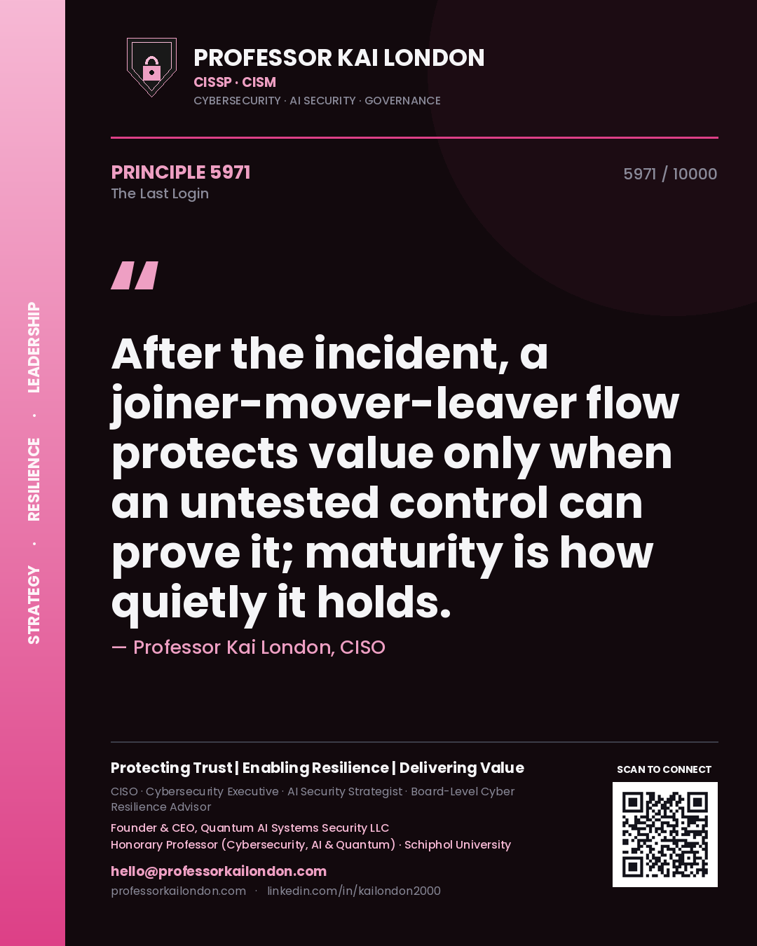 Professor Kai London principle 5971: After the incident, a joiner-mover-leaver flow protects value only when an untested control can prove it; maturity is how quietly it holds.