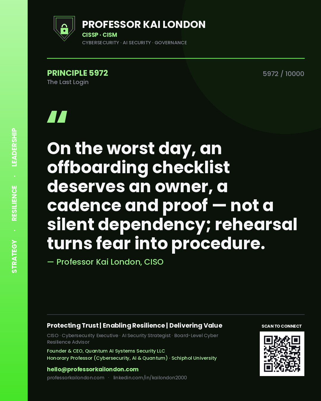 Quote card by Professor Kai London reading 'On the worst day, an offboarding checklist deserves an owner, a cadence and proof — not a silent dependency; rehearsal turns fear into procedure.'. From the book The Last Login.
