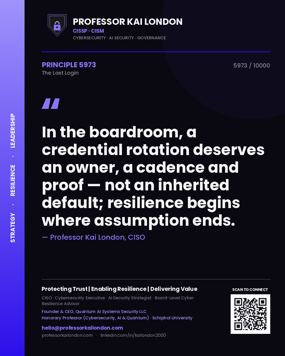 Professor Kai London principle 5973: In the boardroom, a credential rotation deserves an owner, a cadence and proof — not an inherited default; resilience begins where assumption ends.