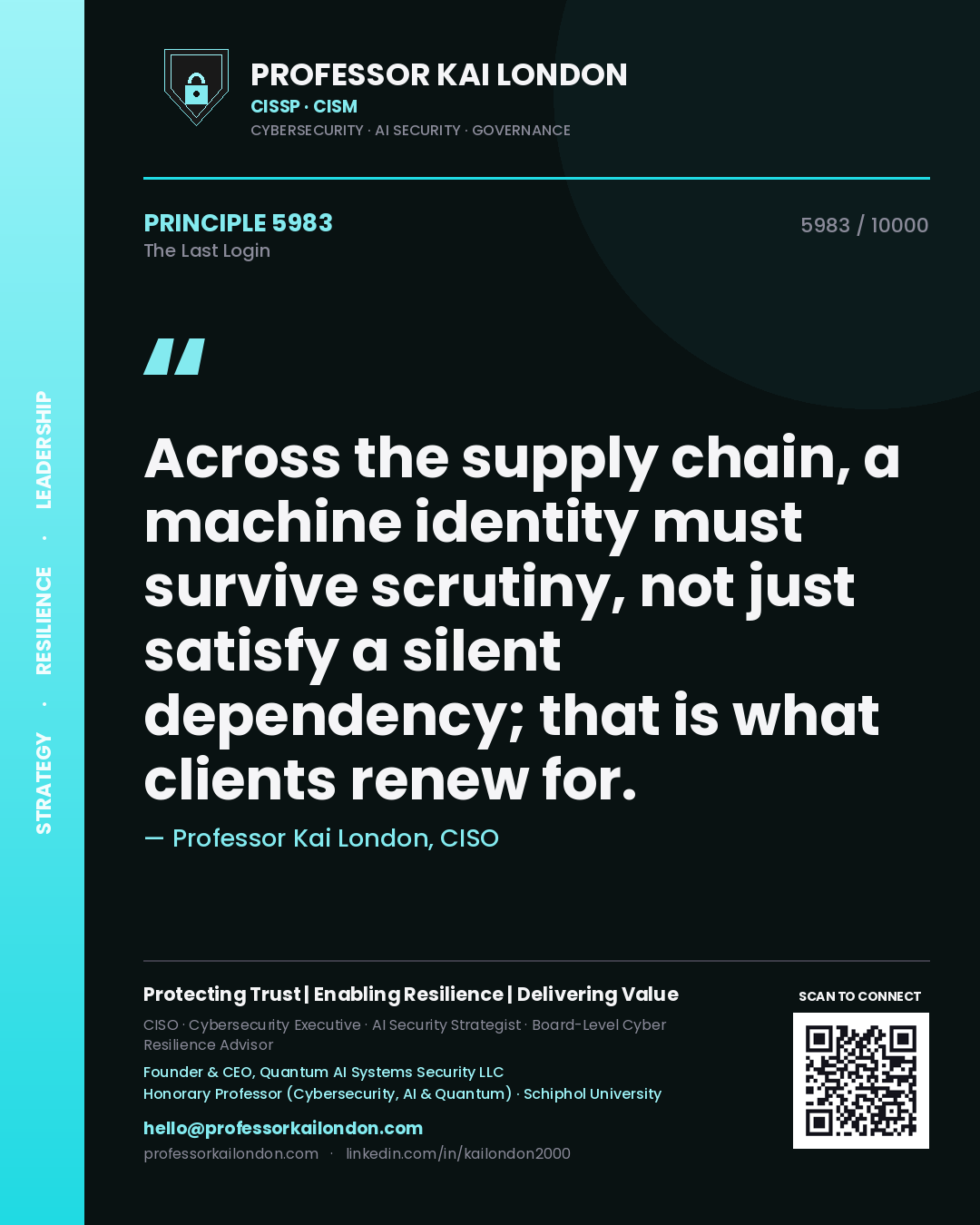 Quote card by Professor Kai London reading 'Across the supply chain, a machine identity must survive scrutiny, not just satisfy a silent dependency; that is what clients renew for.'. From the book The Last Login.