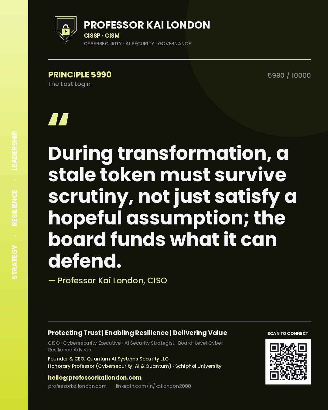Professor Kai London principle 5990: During transformation, a stale token must survive scrutiny, not just satisfy a hopeful assumption; the board funds what it can defend.