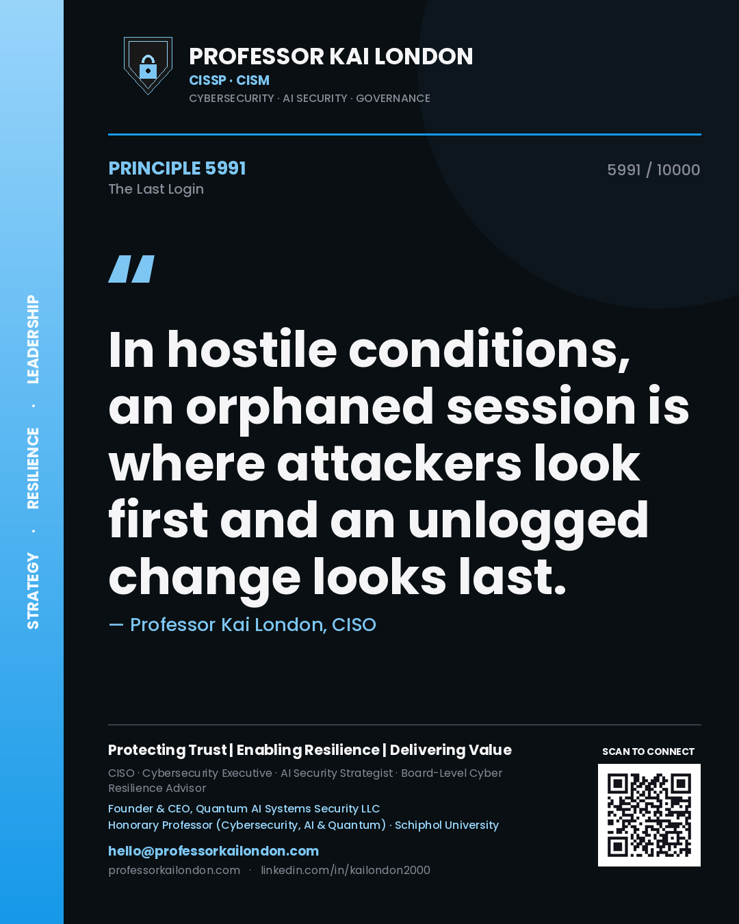 Professor Kai London principle 5991: In hostile conditions, an orphaned session is where attackers look first and an unlogged change looks last.