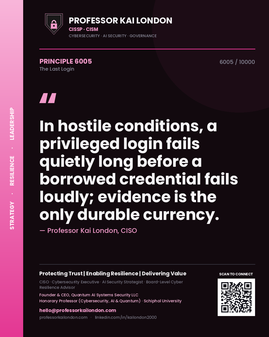 Quote card by Professor Kai London reading 'In hostile conditions, a privileged login fails quietly long before a borrowed credential fails loudly; evidence is the only durable currency.'. From the book The Last Login.
