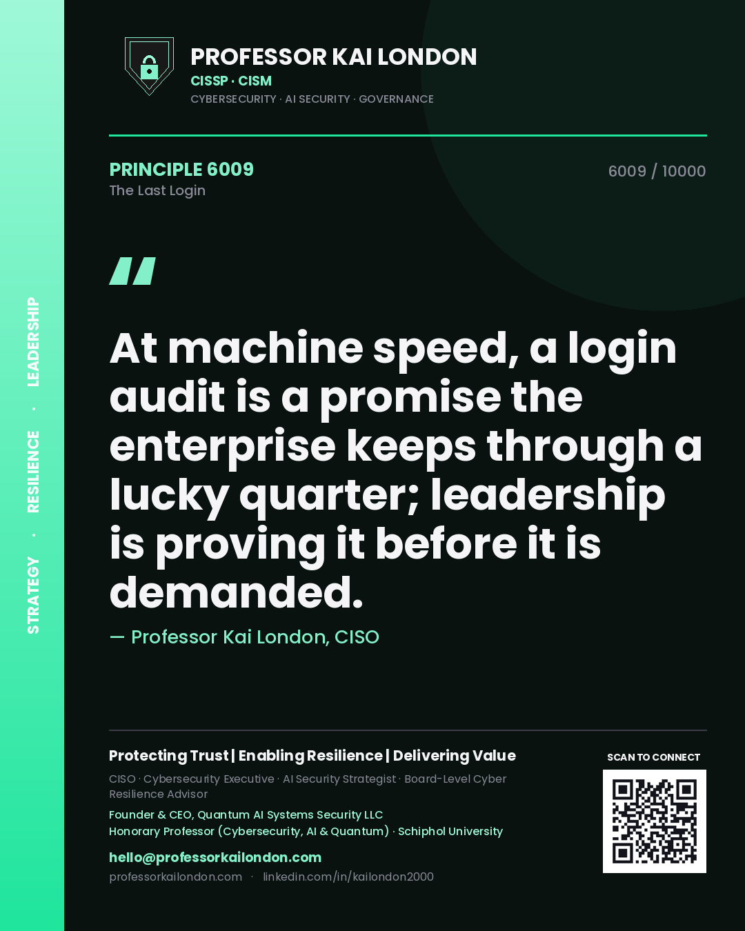 Quote card by Professor Kai London reading 'At machine speed, a login audit is a promise the enterprise keeps through a lucky quarter; leadership is proving it before it is demanded.'. From the book The Last Login.