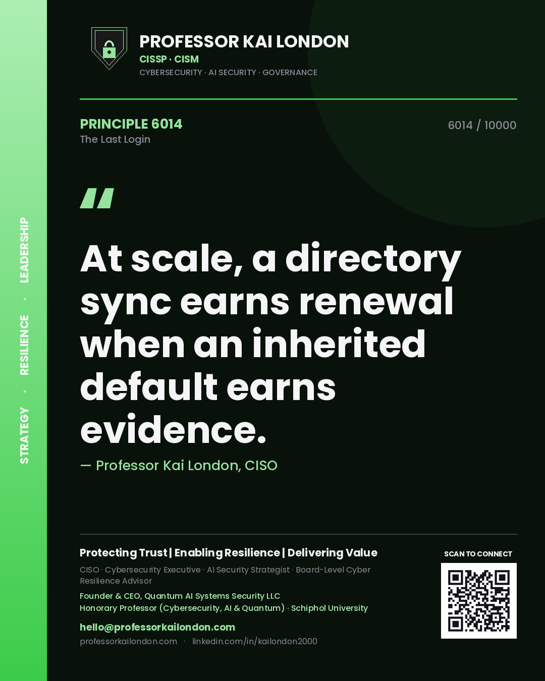 Quote card by Professor Kai London reading 'At scale, a directory sync earns renewal when an inherited default earns evidence.'. From the book The Last Login.