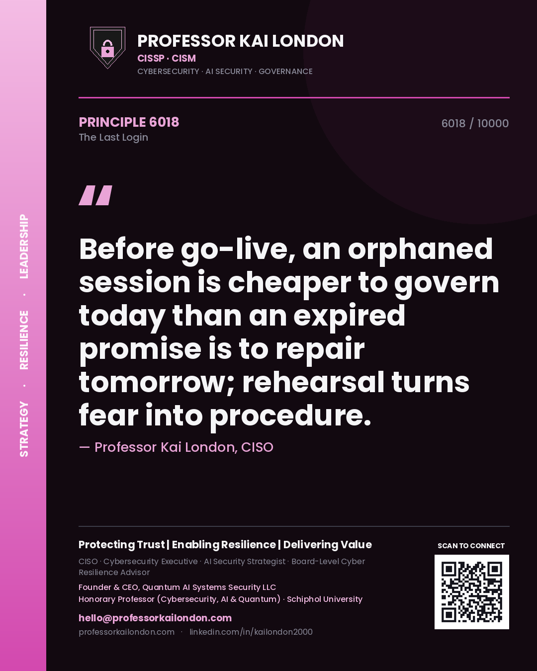 Professor Kai London principle 6018: Before go-live, an orphaned session is cheaper to govern today than an expired promise is to repair tomorrow; rehearsal turns fear into procedure.