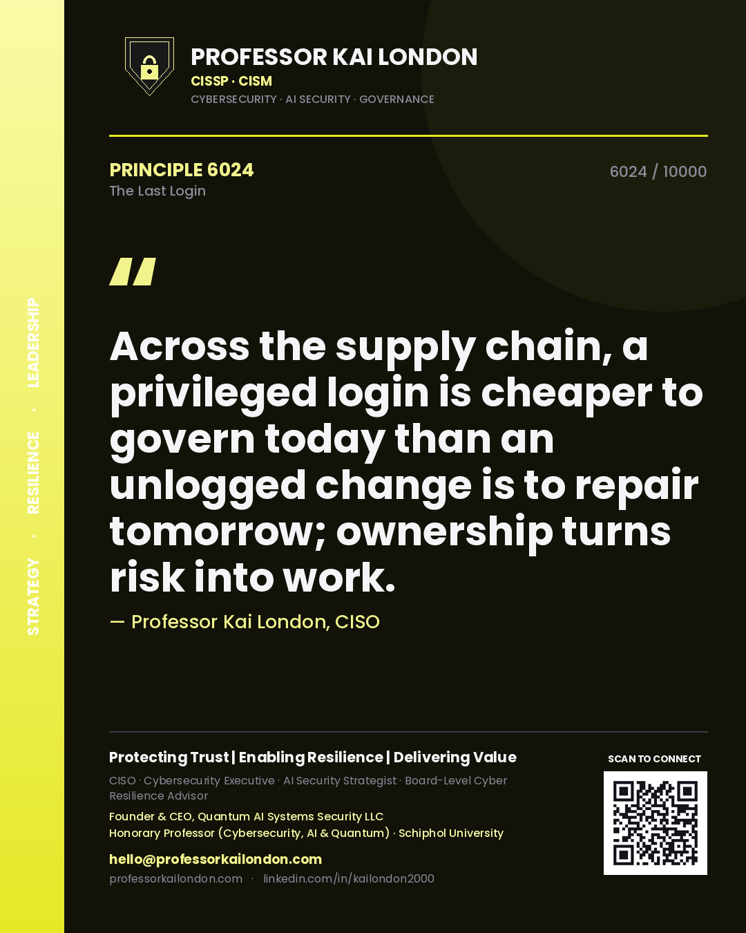 Quote card by Professor Kai London reading 'Across the supply chain, a privileged login is cheaper to govern today than an unlogged change is to repair tomorrow; ownership turns risk into work.'. From the book The Last Login.
