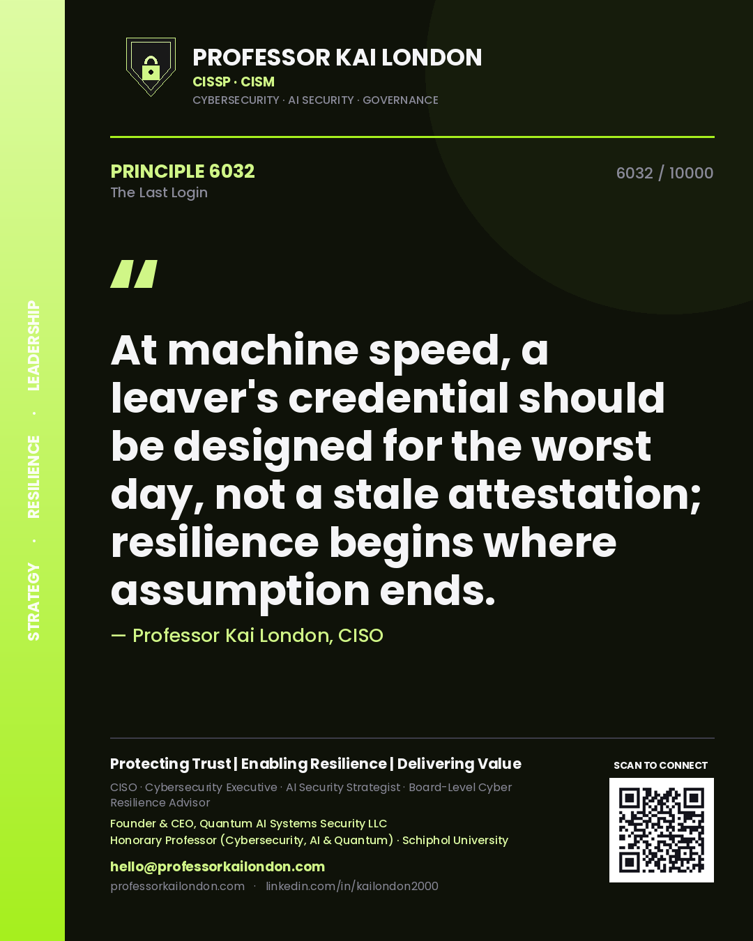 Professor Kai London principle 6032: At machine speed, a leaver's credential should be designed for the worst day, not a stale attestation; resilience begins where assumption ends.