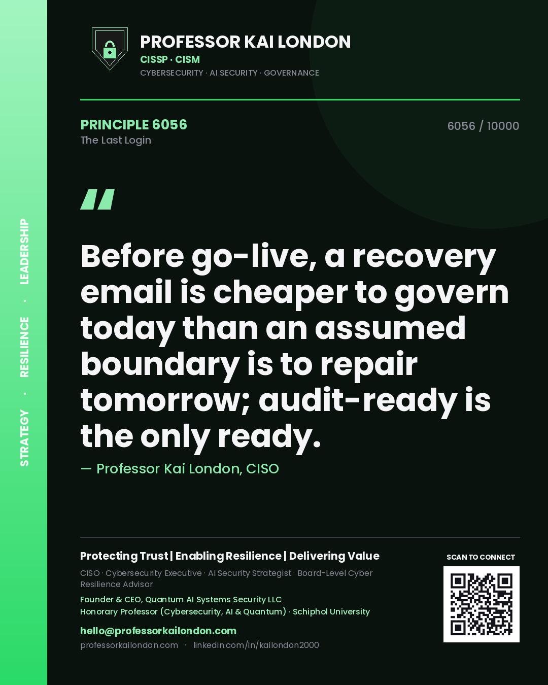Quote card by Professor Kai London reading 'Before go-live, a recovery email is cheaper to govern today than an assumed boundary is to repair tomorrow; audit-ready is the only ready.'. From the book The Last Login.