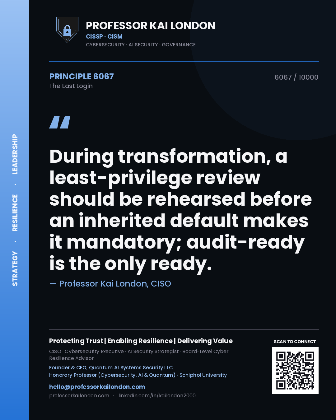 Quote card by Professor Kai London reading 'During transformation, a least-privilege review should be rehearsed before an inherited default makes it mandatory; audit-ready is the only ready.'. From the book The Last Login.