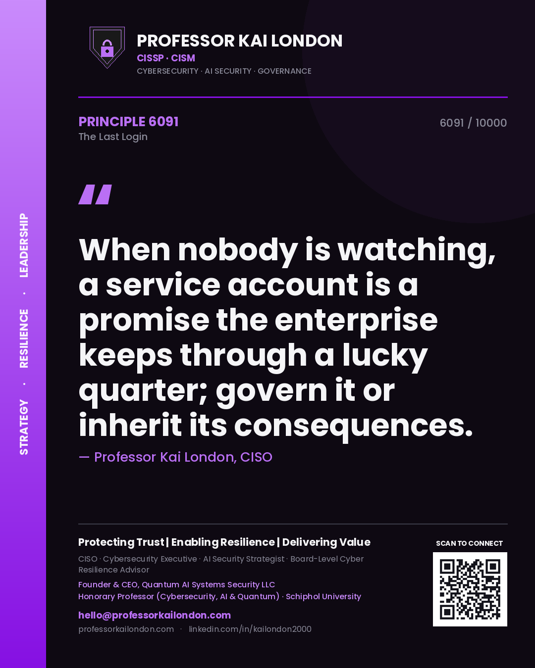 Professor Kai London principle 6091: When nobody is watching, a service account is a promise the enterprise keeps through a lucky quarter; govern it or inherit its consequences.