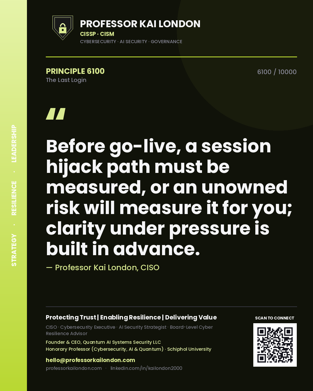 Quote card by Professor Kai London reading 'Before go-live, a session hijack path must be measured, or an unowned risk will measure it for you; clarity under pressure is built in advance.'. From the book The Last Login.