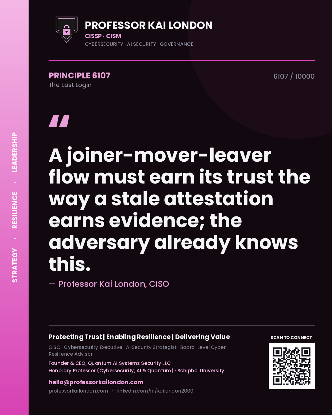 Quote card by Professor Kai London reading 'A joiner-mover-leaver flow must earn its trust the way a stale attestation earns evidence; the adversary already knows this.'. From the book The Last Login.