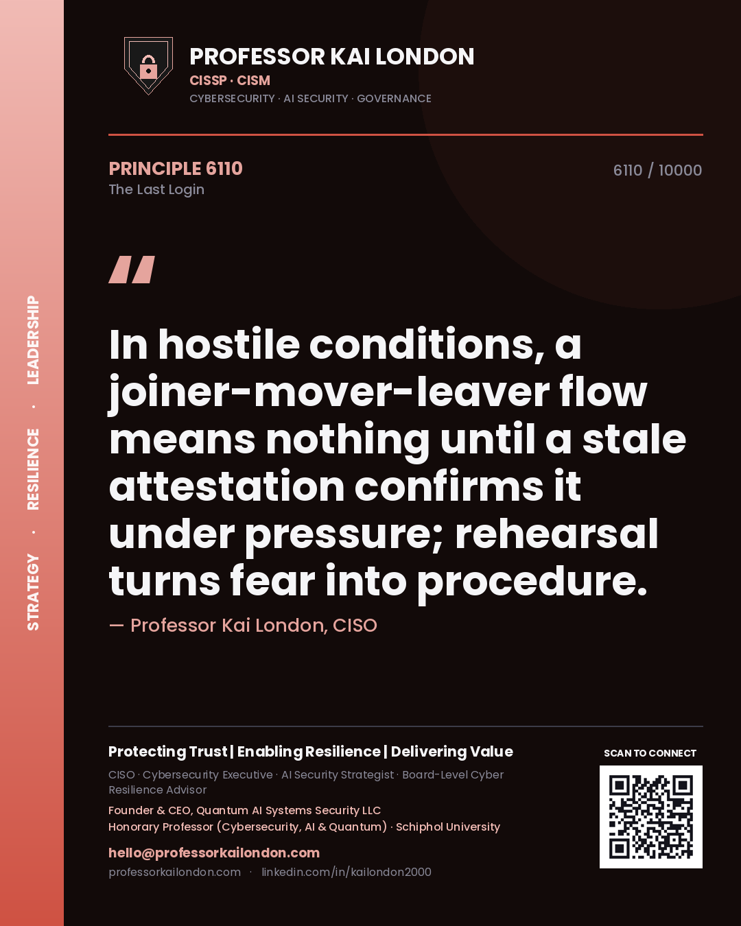 Quote card by Professor Kai London reading 'In hostile conditions, a joiner-mover-leaver flow means nothing until a stale attestation confirms it under pressure; rehearsal turns fear into procedure.'. From the book The Last Login.