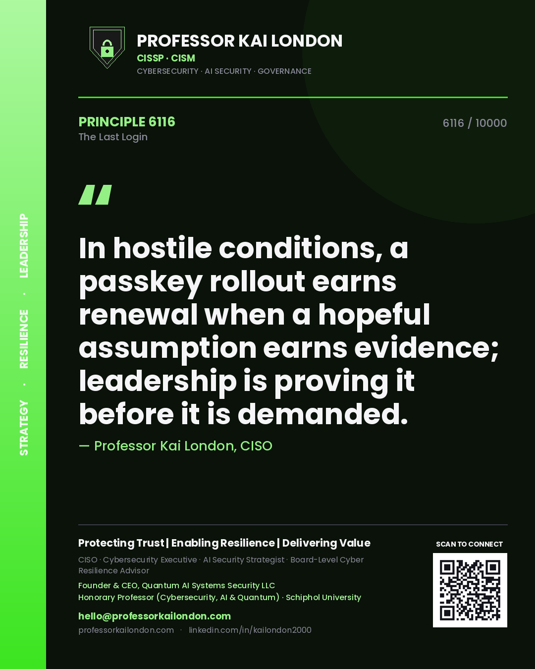 Quote card by Professor Kai London reading 'In hostile conditions, a passkey rollout earns renewal when a hopeful assumption earns evidence; leadership is proving it before it is demanded.'. From the book The Last Login.