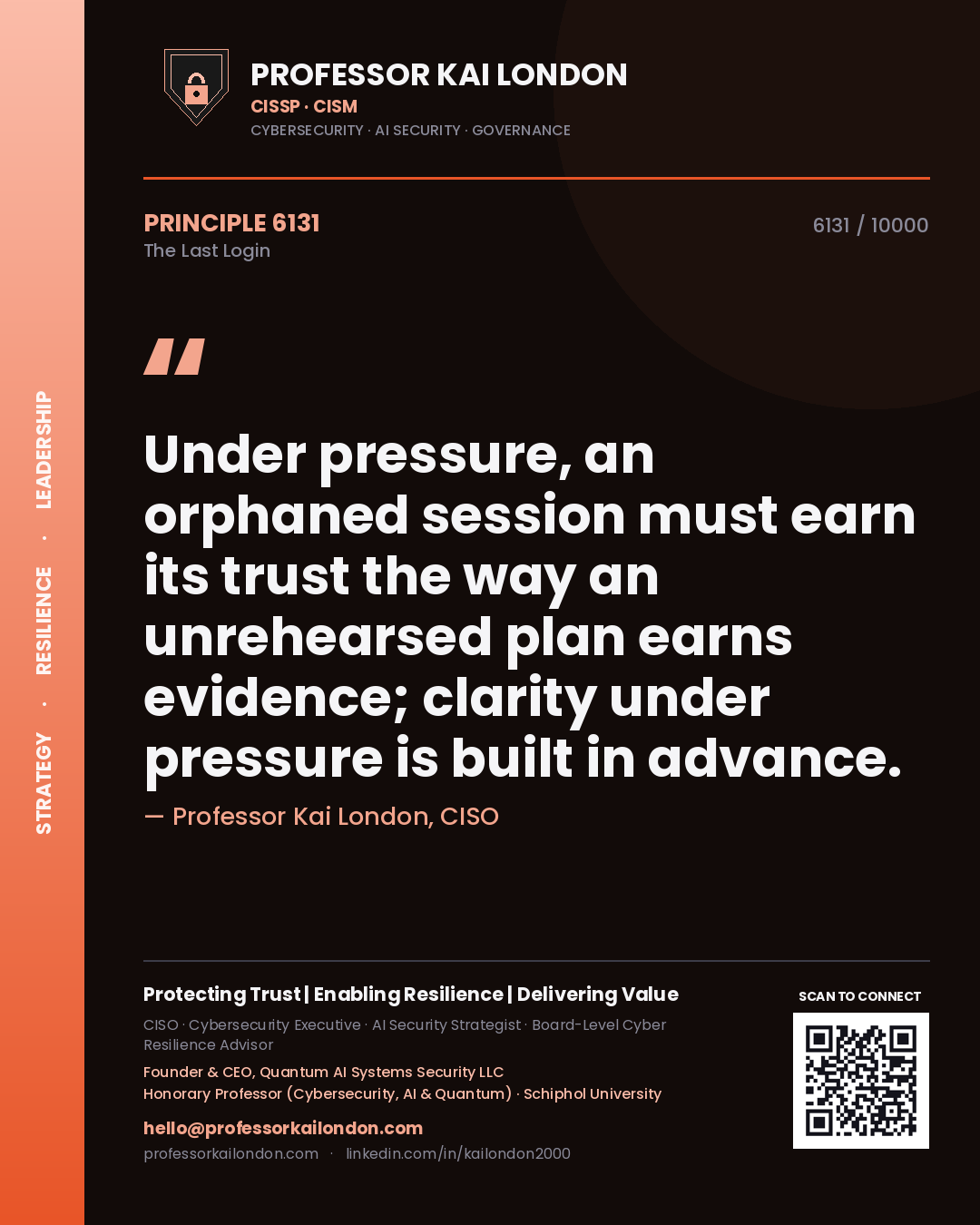 Professor Kai London principle 6131: Under pressure, an orphaned session must earn its trust the way an unrehearsed plan earns evidence; clarity under pressure is built in advance.