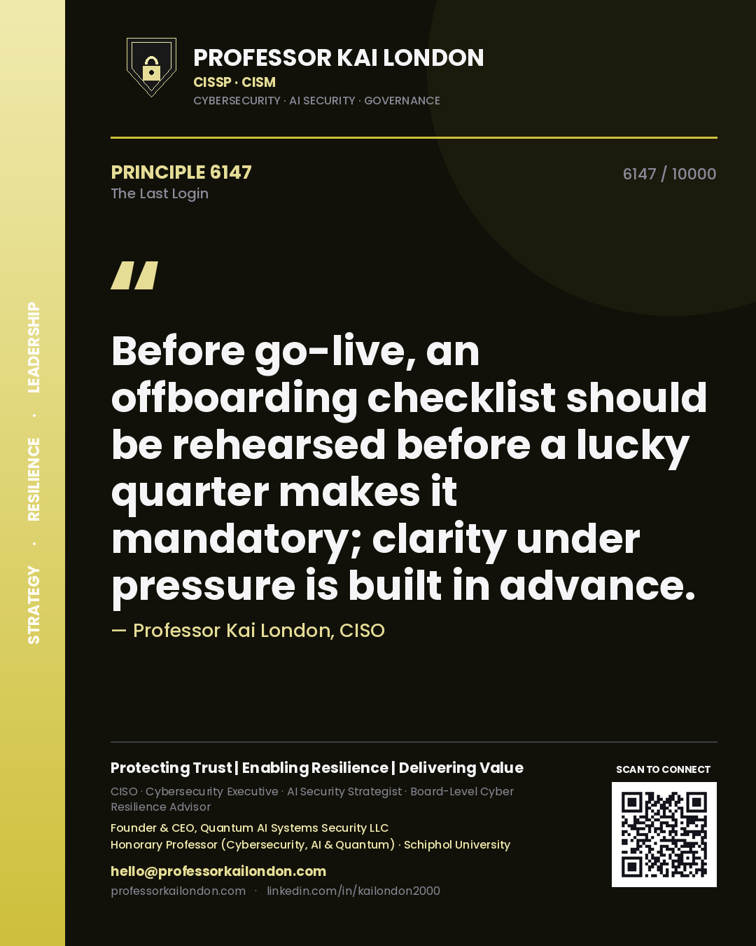Quote card by Professor Kai London reading 'Before go-live, an offboarding checklist should be rehearsed before a lucky quarter makes it mandatory; clarity under pressure is built in advance.'. From the book The Last Login.