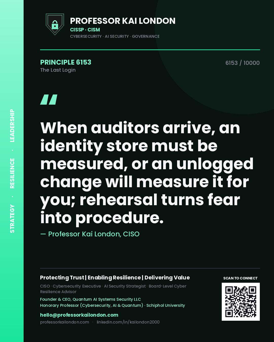 Professor Kai London principle 6153: When auditors arrive, an identity store must be measured, or an unlogged change will measure it for you; rehearsal turns fear into procedure.