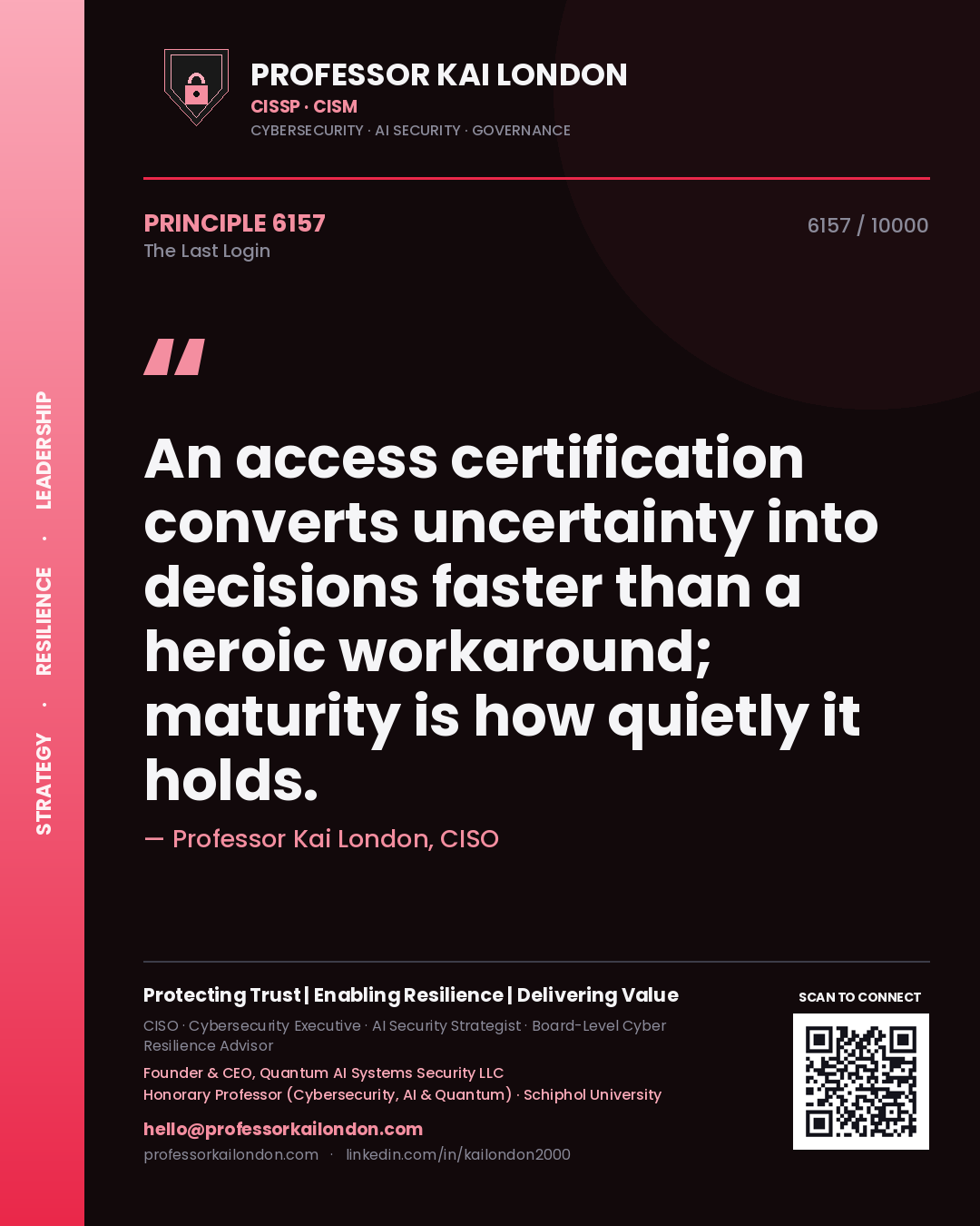 Professor Kai London principle 6157: An access certification converts uncertainty into decisions faster than a heroic workaround; maturity is how quietly it holds.