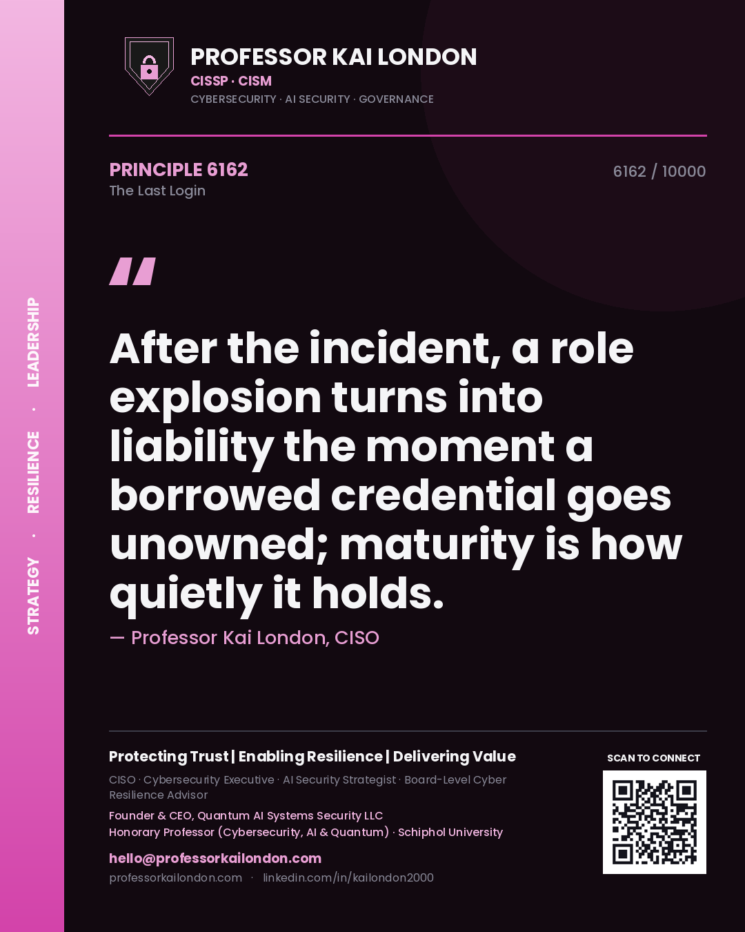 Professor Kai London principle 6162: After the incident, a role explosion turns into liability the moment a borrowed credential goes unowned; maturity is how quietly it holds.