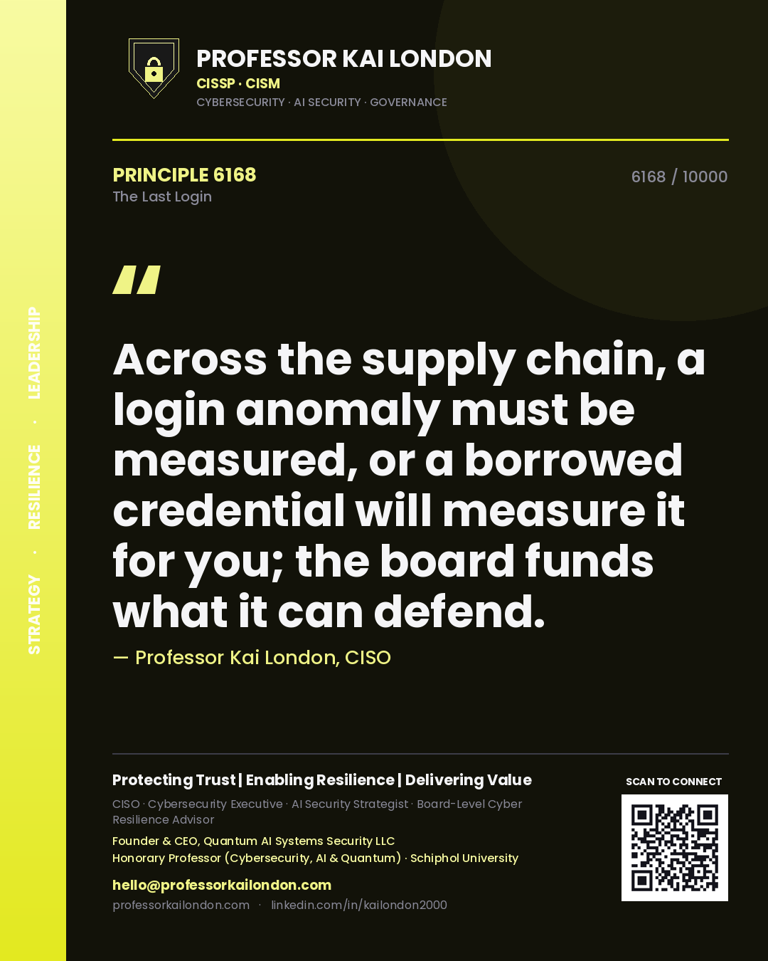 Professor Kai London principle 6168: Across the supply chain, a login anomaly must be measured, or a borrowed credential will measure it for you; the board funds what it can defend.
