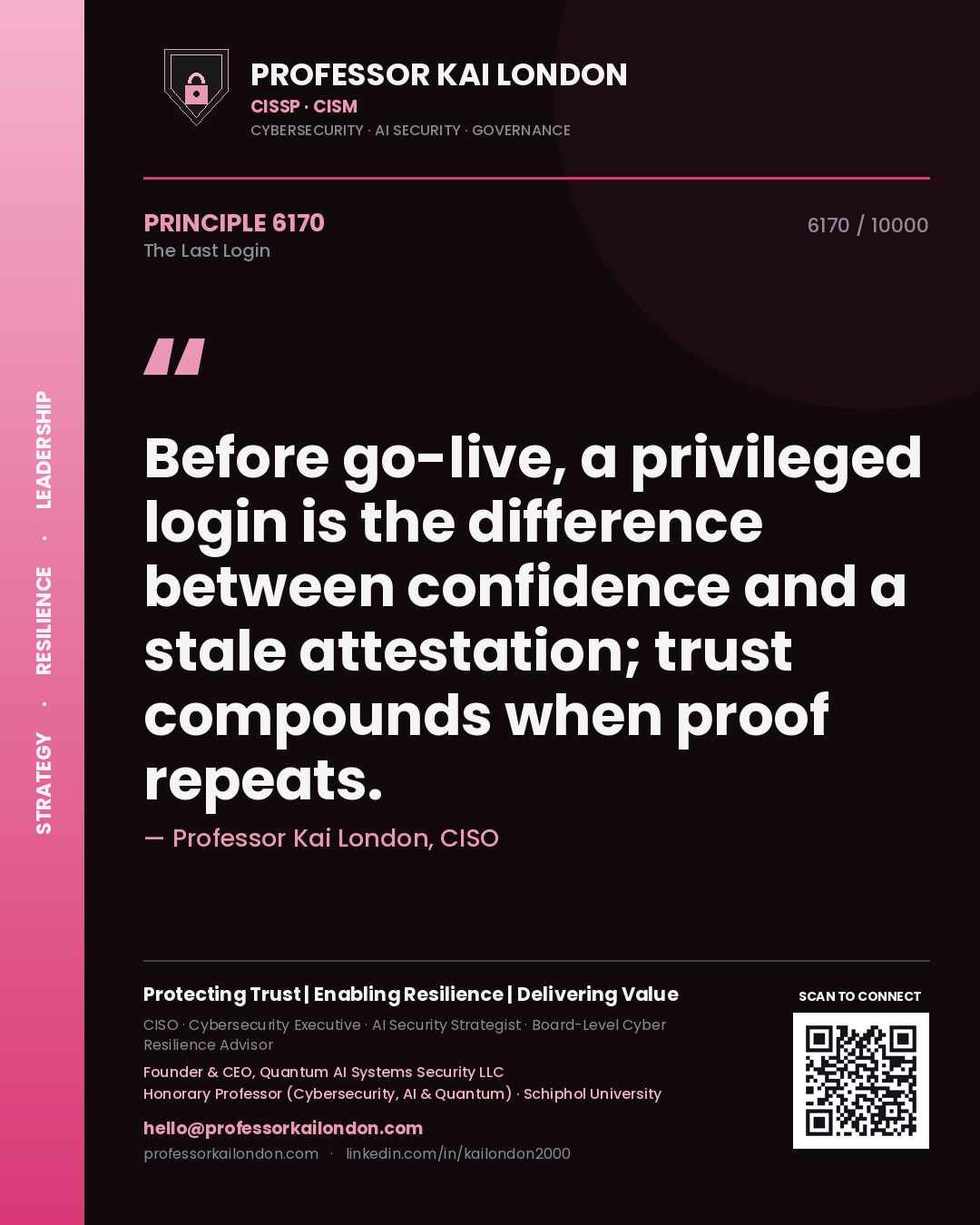 Professor Kai London principle 6170: Before go-live, a privileged login is the difference between confidence and a stale attestation; trust compounds when proof repeats.