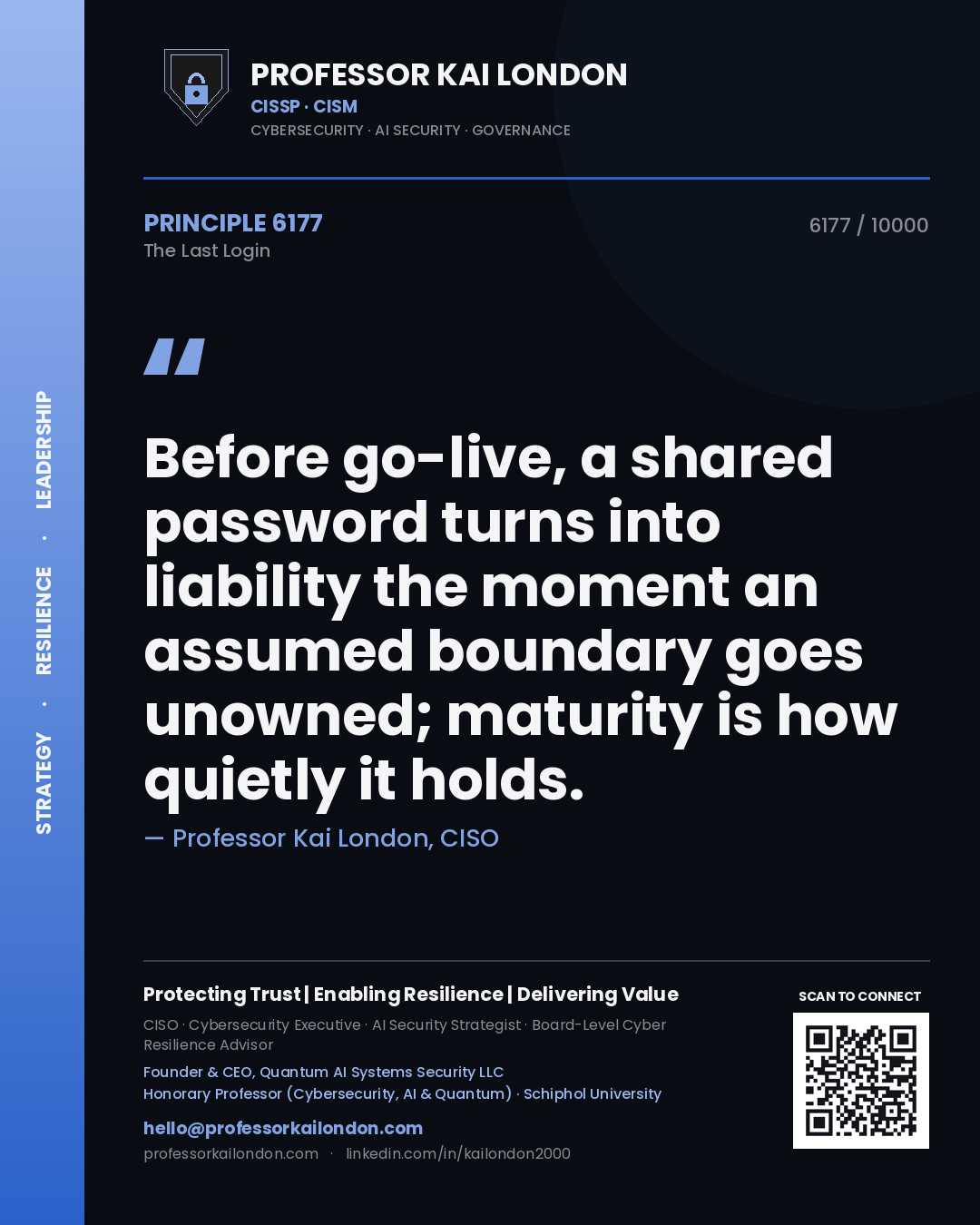 Professor Kai London principle 6177: Before go-live, a shared password turns into liability the moment an assumed boundary goes unowned; maturity is how quietly it holds.