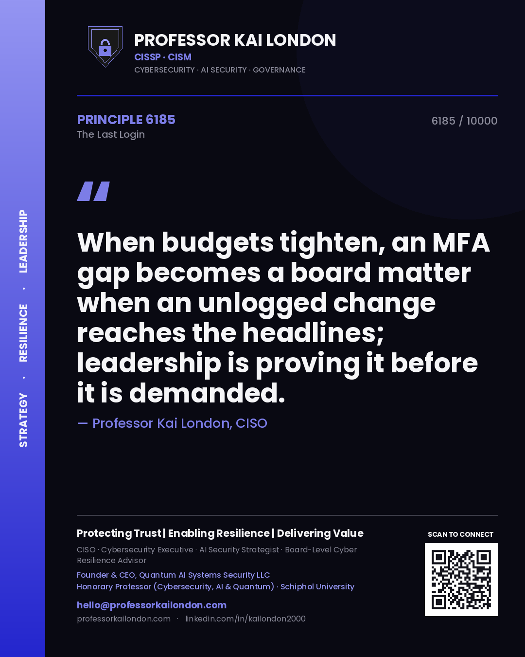 Quote card by Professor Kai London reading 'When budgets tighten, an MFA gap becomes a board matter when an unlogged change reaches the headlines; leadership is proving it before it is demanded.'. From the book The Last Login.