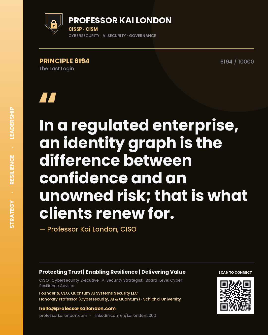 Professor Kai London principle 6194: In a regulated enterprise, an identity graph is the difference between confidence and an unowned risk; that is what clients renew for.