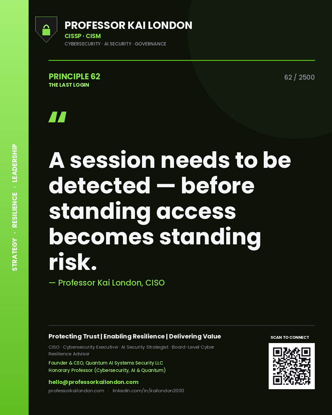 Quote card by Professor Kai London reading 'A session needs to be detected — before standing access becomes standing risk.'. From the book The Last Login.