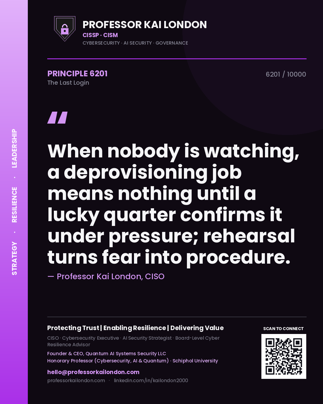 Quote card by Professor Kai London reading 'When nobody is watching, a deprovisioning job means nothing until a lucky quarter confirms it under pressure; rehearsal turns fear into procedure.'. From the book The Last Login.