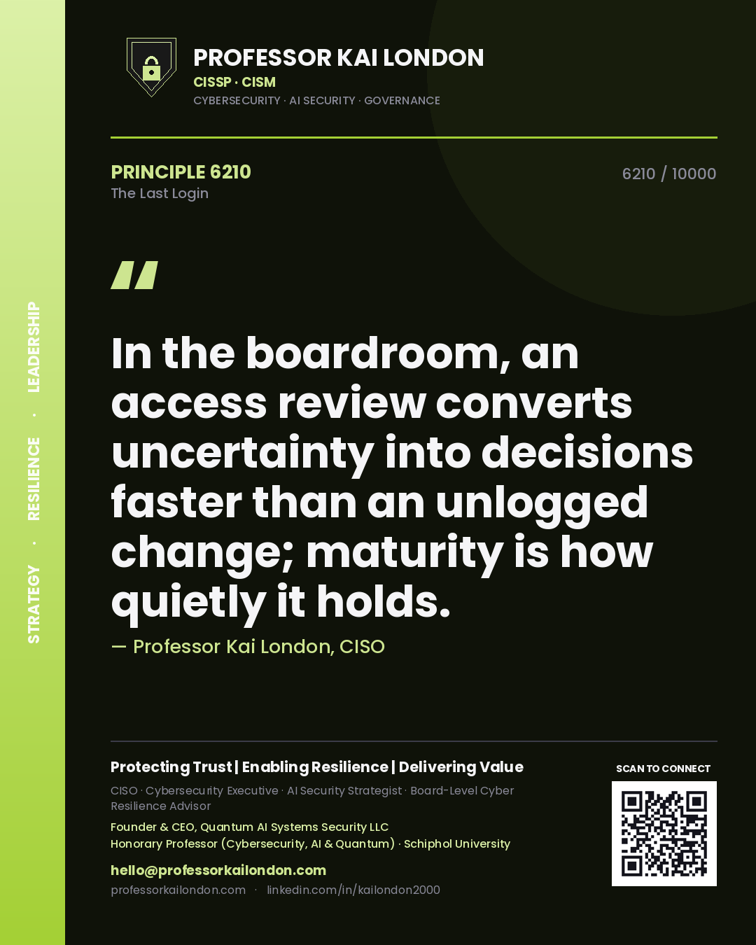 Quote card by Professor Kai London reading 'In the boardroom, an access review converts uncertainty into decisions faster than an unlogged change; maturity is how quietly it holds.'. From the book The Last Login.